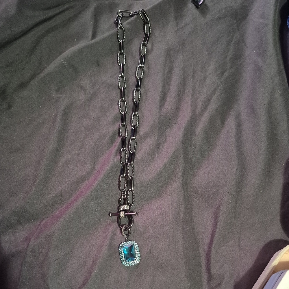 Black Link Necklace with Teal Crystal Halo Pendant